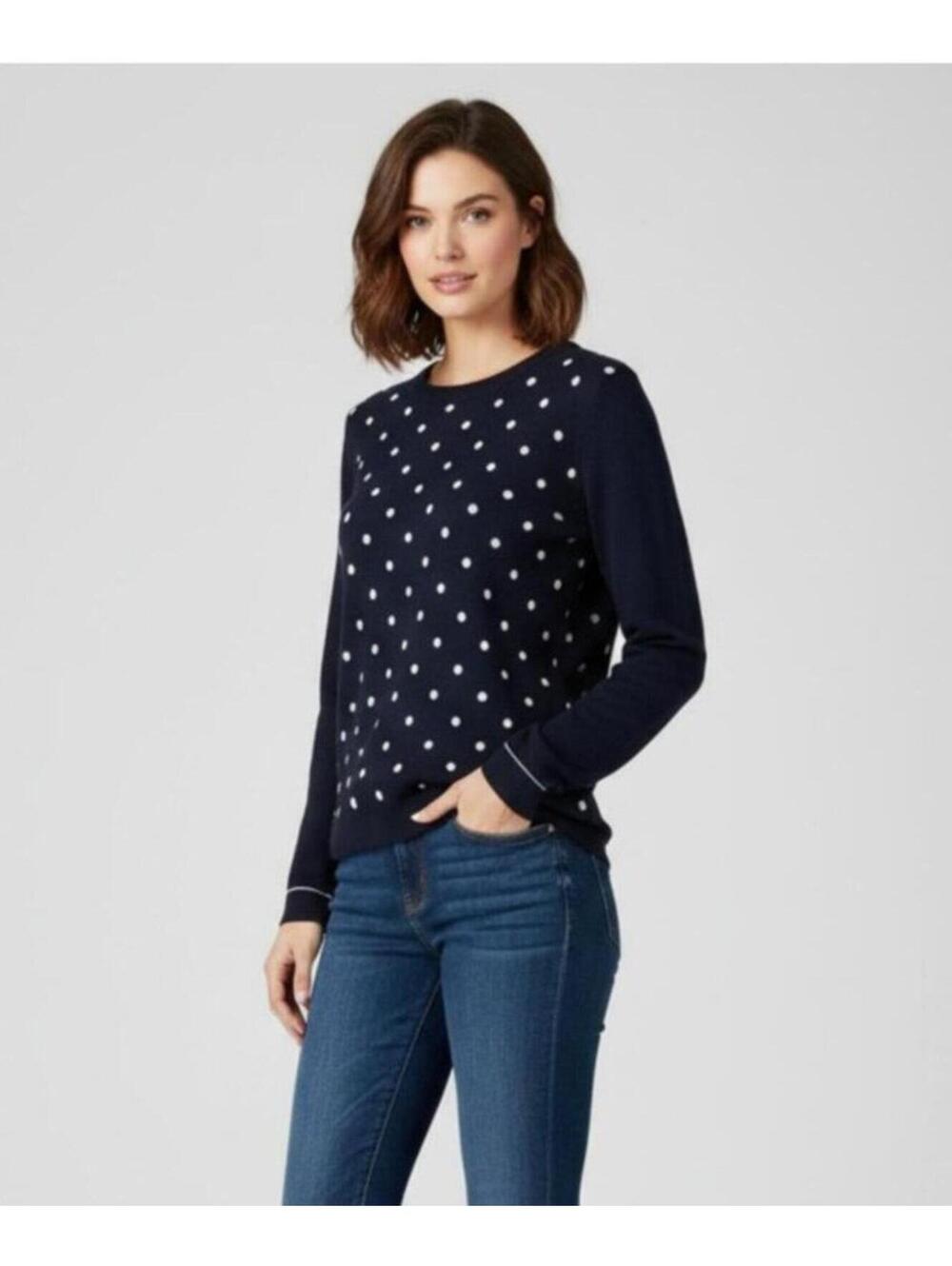 Tommy Hilfiger Womens Sweater Small Petite Navy Blue Polka Dot Crewneck
